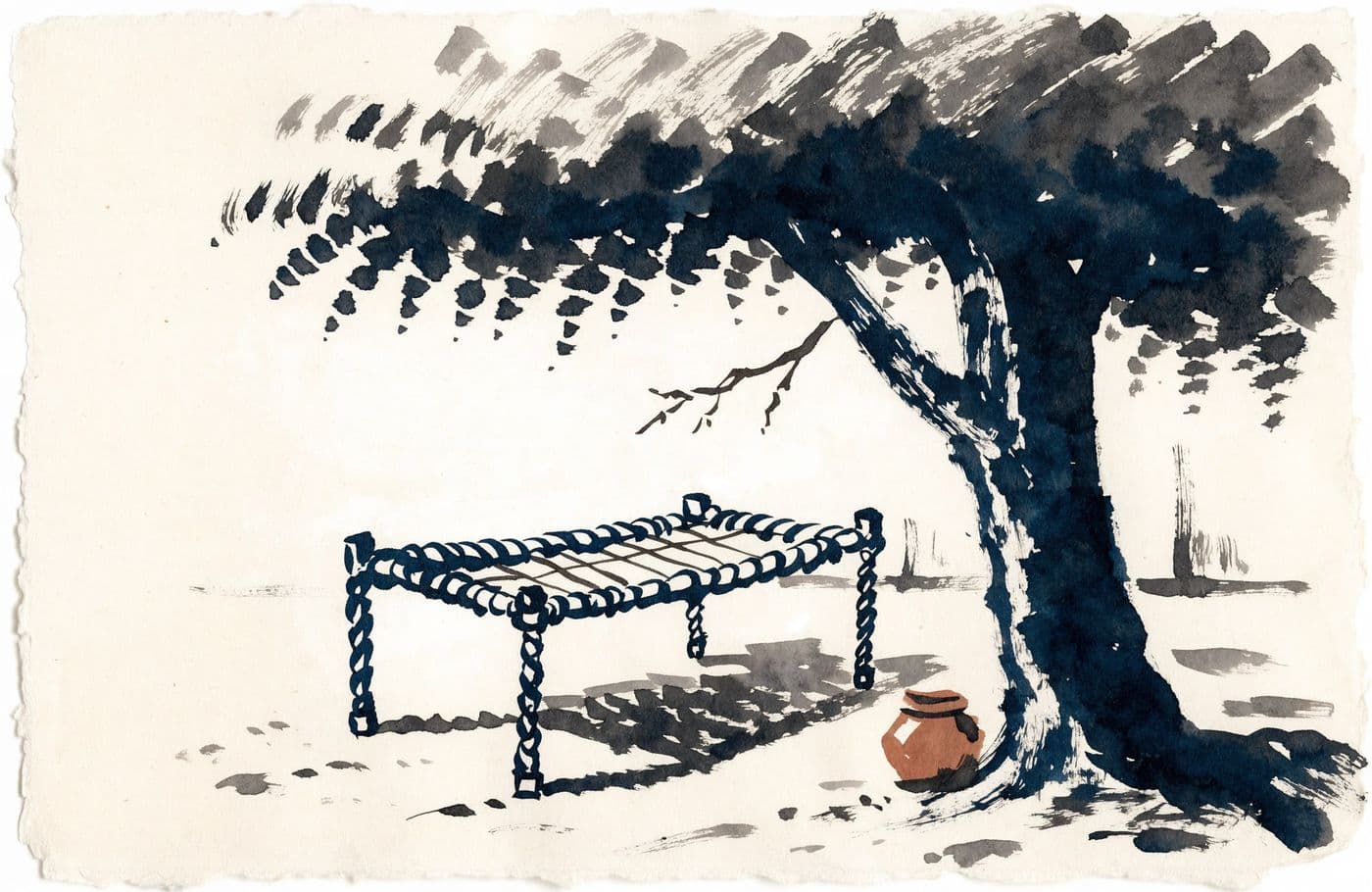 सूने पेड़ के नीचे पड़ी एक खाट, पास में मिट्टी का घड़ा