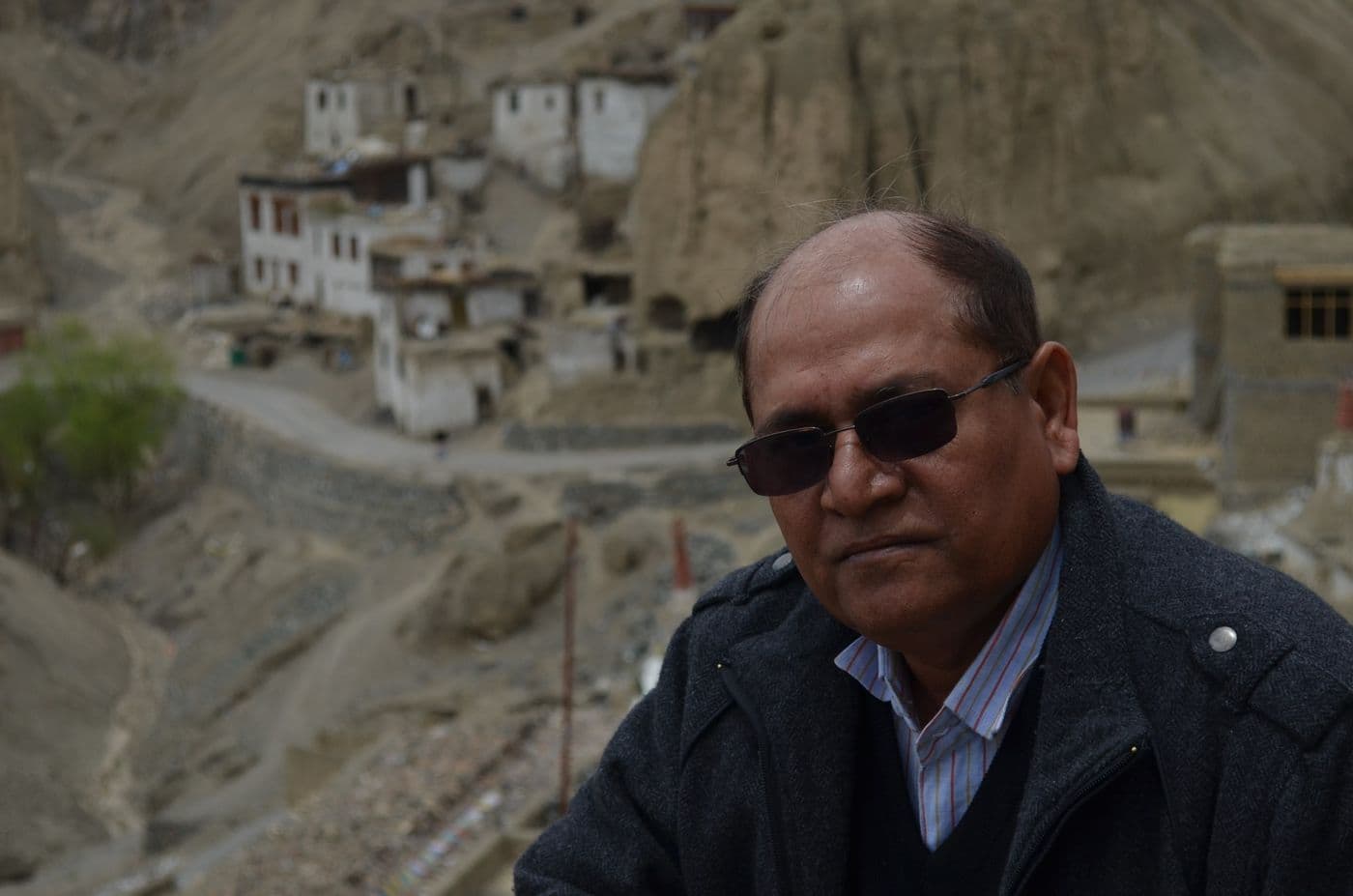 लद्दाख में एक गाँव के ऊपर से, पीछे पहाड़ी ढलान पर बने सफ़ेद घर